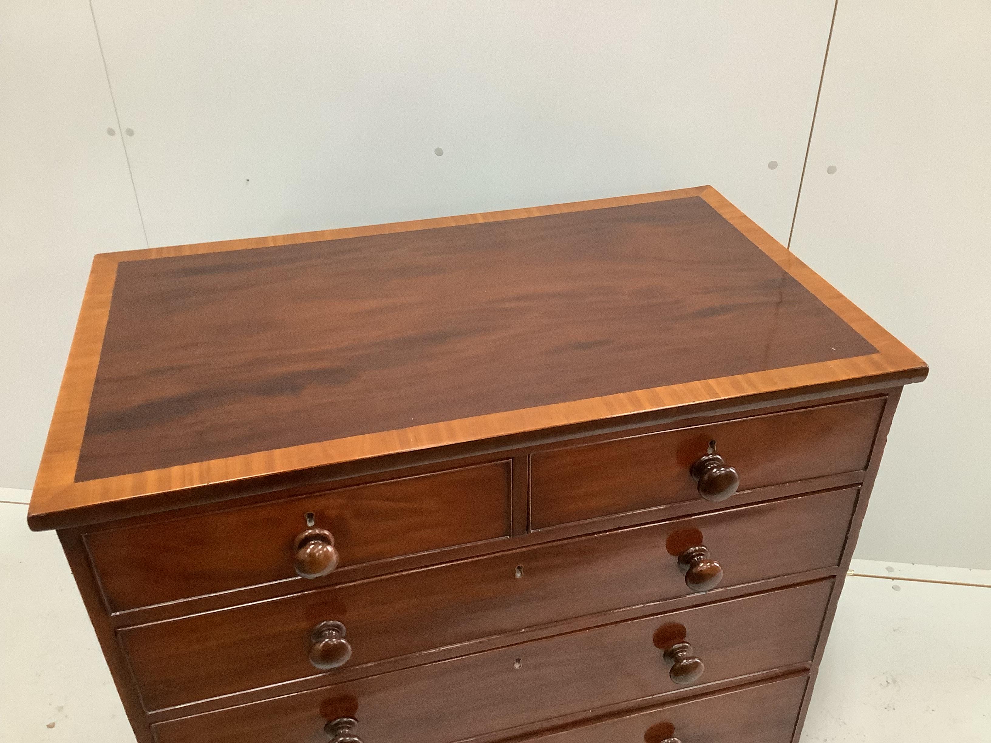 A George III satinwood banded mahogany five drawer chest, width 94cm, depth 55cm, height 89cm